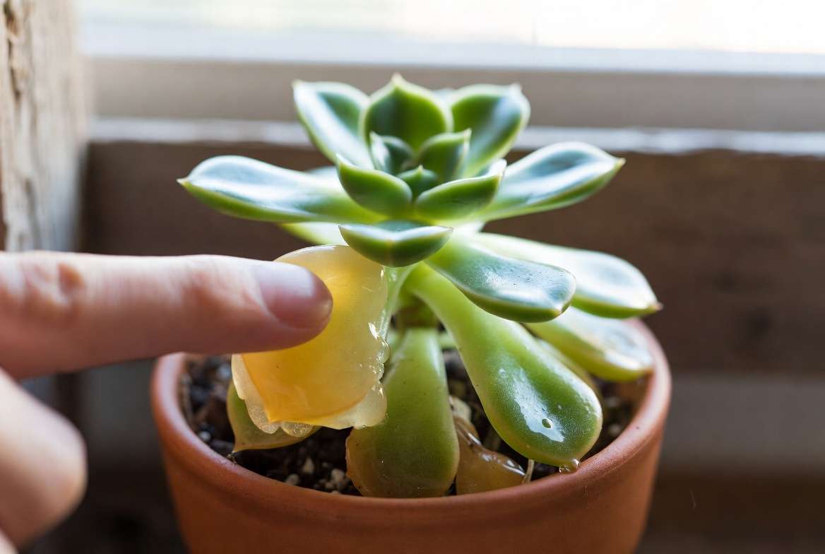 Close-up photograph of an overwatered succulent rosette with soft, yellow, translucent lower leaves showing signs of rot.