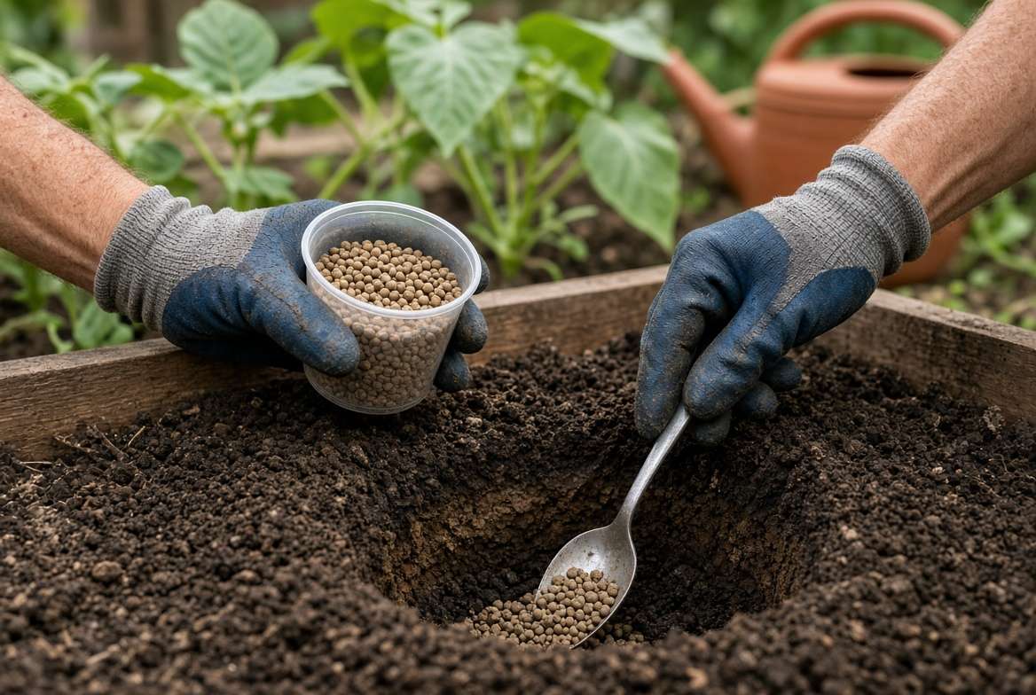 Hands wearing gardening gloves actively mixing slow-release fertilizer granules into the soil at the bottom of a planting hole before planting a vegetable seedling