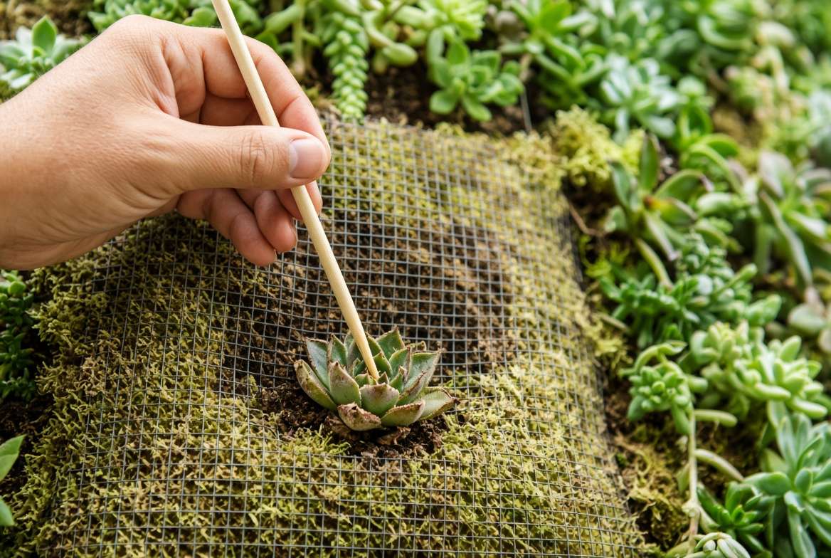 Hands-on urban gardening: planting succulent cuttings vertically with a dibber.