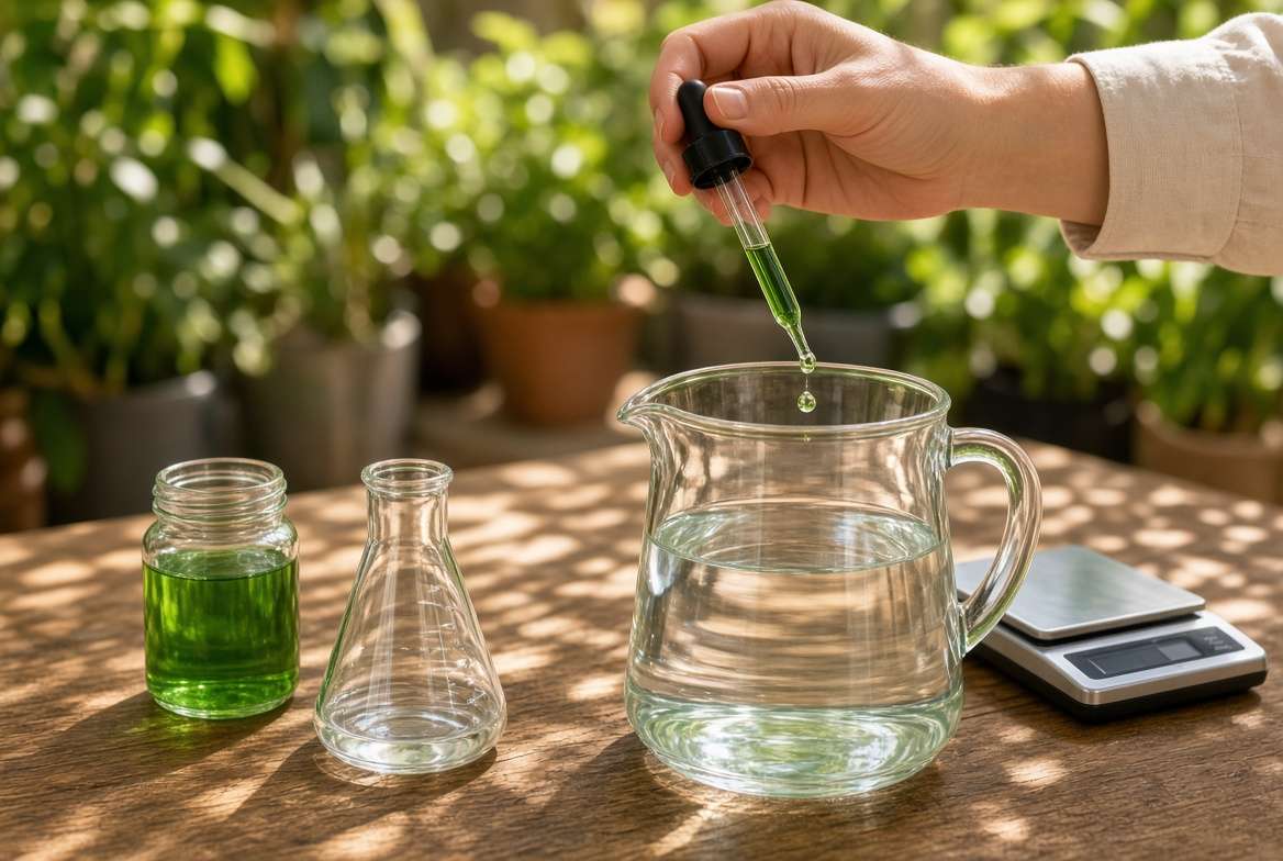 A close-up shot of a hand using a pipette to measure and dilute liquid NPK fertilizer into a water pitcher for plant microdosing.