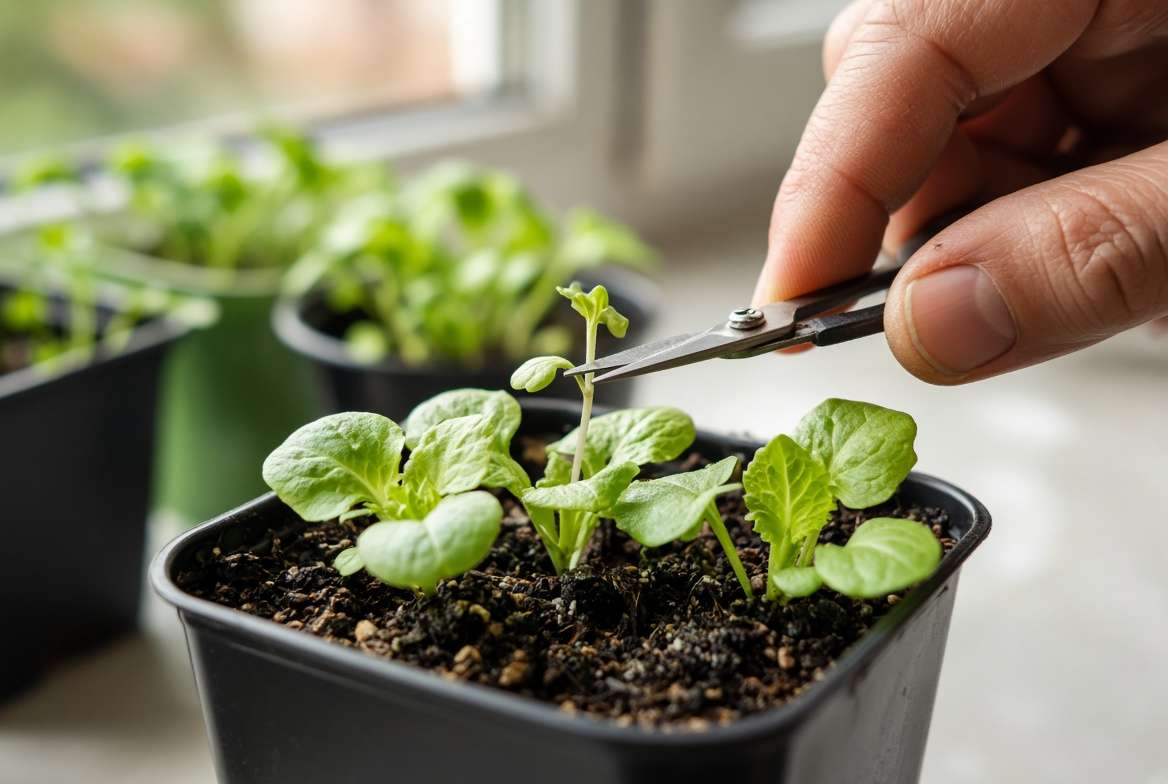 Close-up of a gardener's hand using tiny precision snips to carefully thin crowded lettuce seedlings in a small plastic nursery pot on a sunlit windowsill.