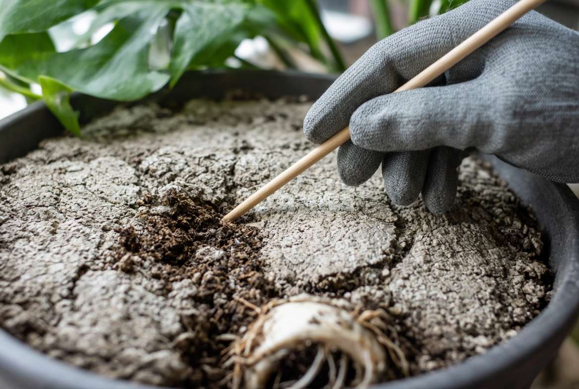 A detailed macro shot showing a gloved hand using a wooden chopstick to gently aerate and loosen the compacted soil surface of a potted Ficus lyrata before applying compost topdressing.