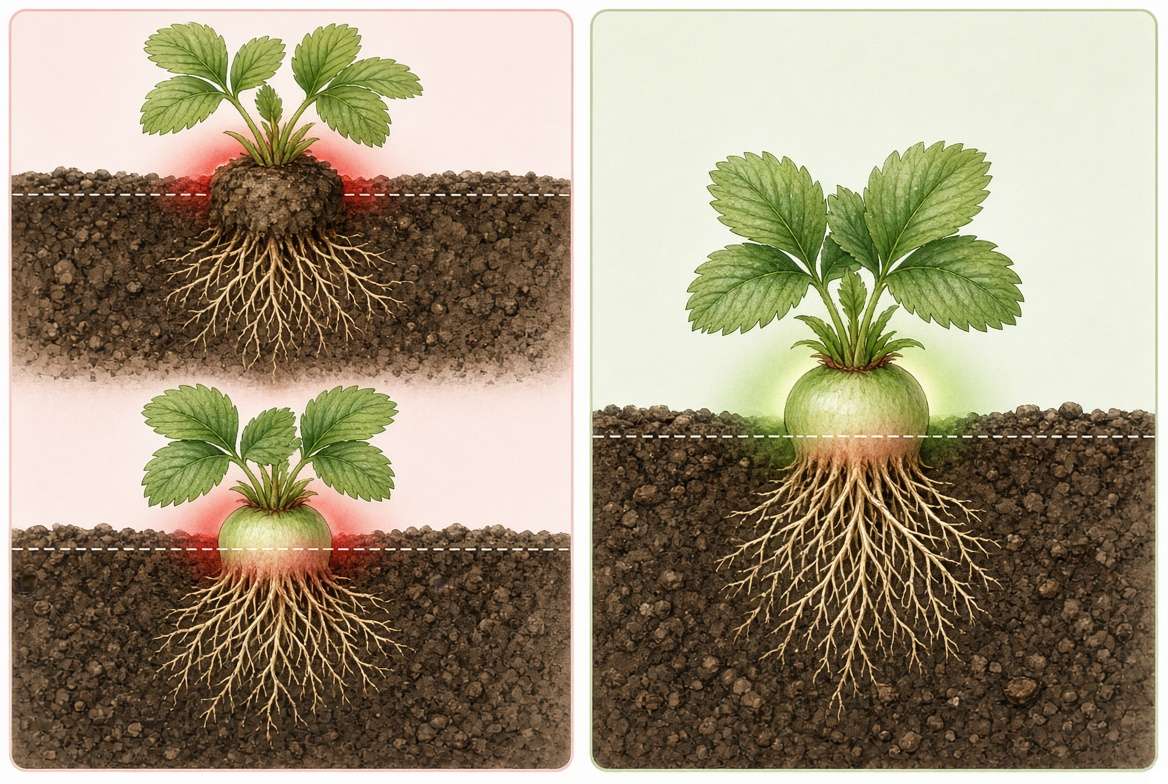 a detailed illustration diagram showing incorrect (buried crown, exposed roots) versus correct strawberry plant crown placement in soil.