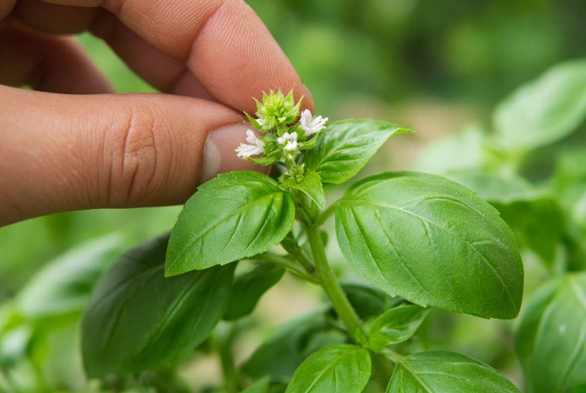 A detailed close-up showing a hand pinching off an emerging flower bud cluster from the tip of a sweet basil plant to prevent bolting.