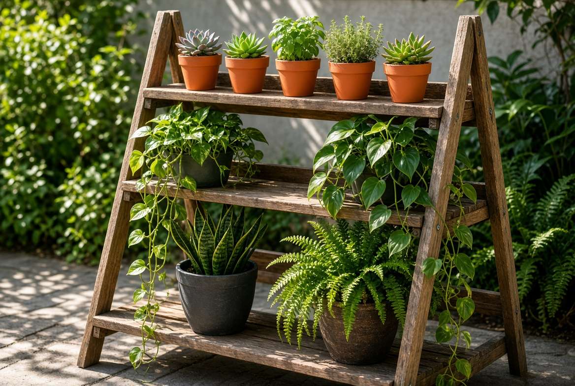 Tiered arrangement on a repurposed wooden ladder vertical garden showing light-loving plants on top and shade-tolerant plants on the bottom.