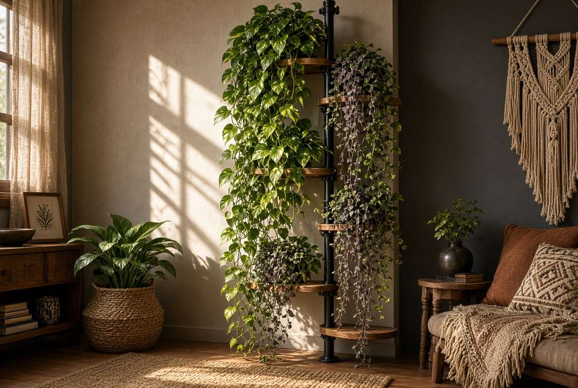 Floor-to-ceiling tension pole plant stand displaying cascading trailing houseplants in a cozy room corner.