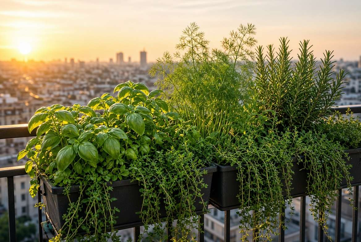 An atmospheric golden hour photograph of a flourishing, visually dense urban balcony garden filled with diverse herbs attached to a railing overlooking a city skyline.