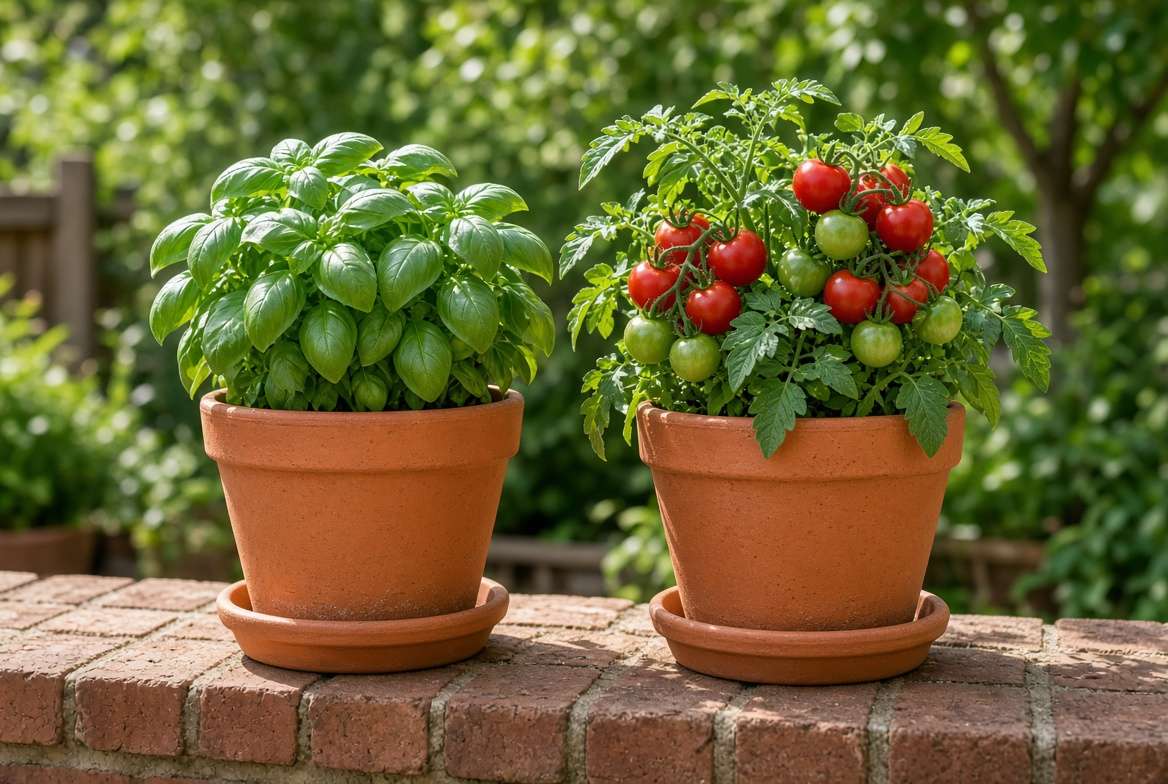 A visual comparison of a thriving Mediterranean basil plant (light feeder) and a heavy-fruiting tomato plant (heavy feeder) in pots, illustrating the tailored nutritional needs for specific garden crops