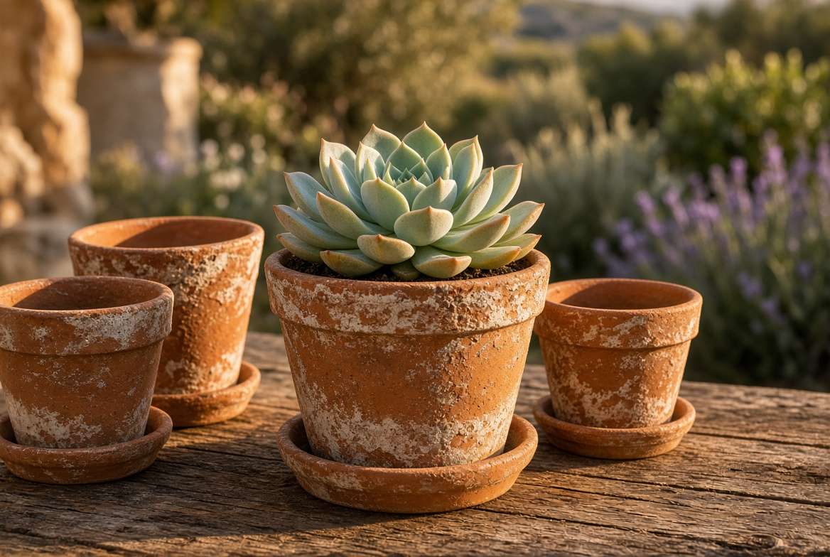 A weathered terracotta clay pot with a beautiful white patina holding a healthy succulent on a rustic wooden patio table.