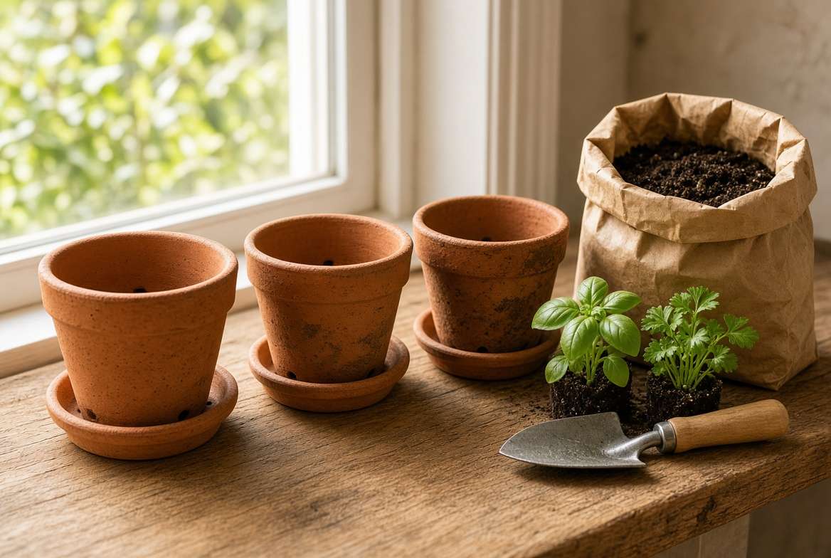 Starter kit for growing herbs indoors featuring terra cotta pots, potting mix, and young starter plants on a sunny windowsill.