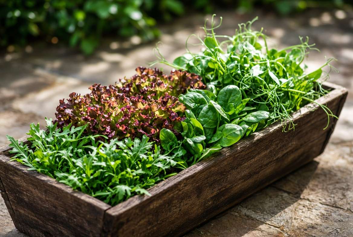 A variety of different colored and textured quick-growing salad greens thriving in a single wooden container