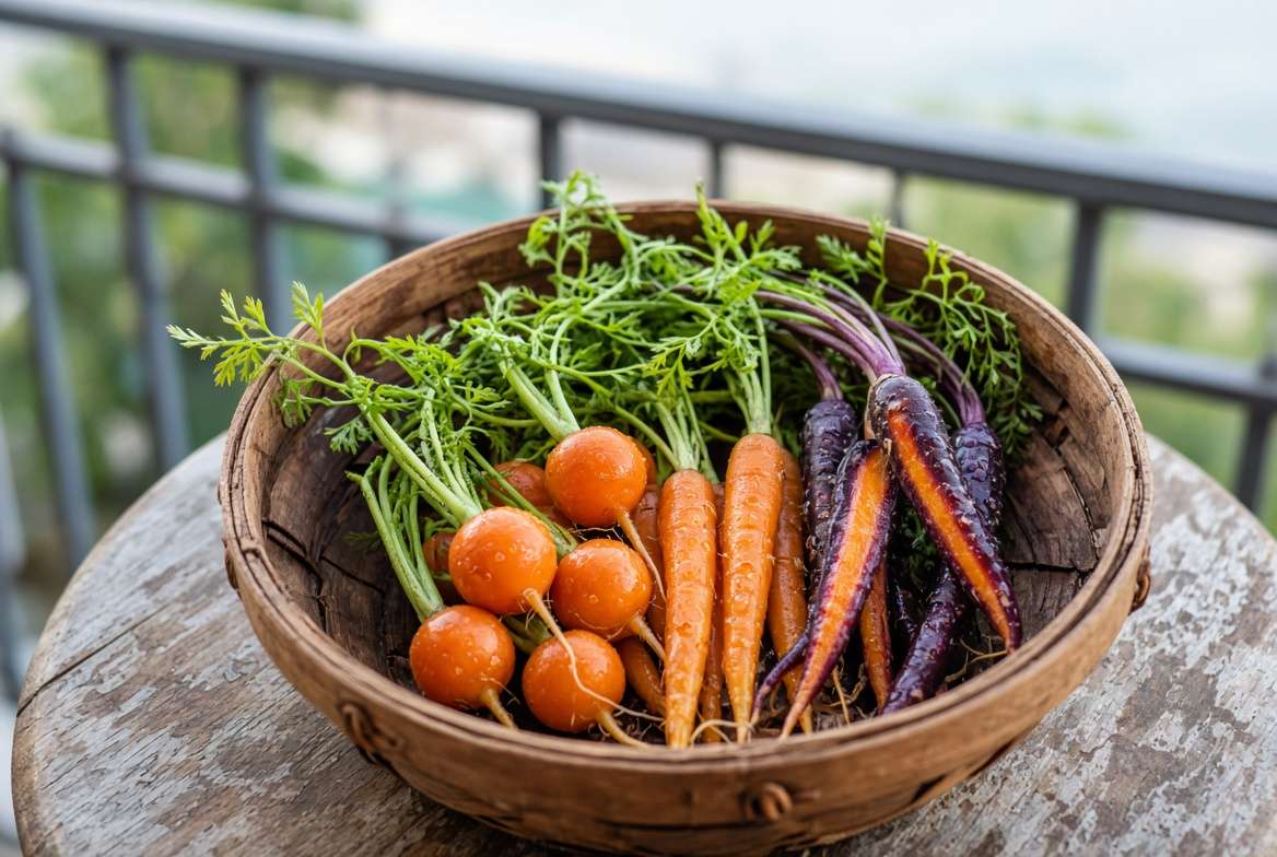 A variety of freshly harvested balcony carrots including round Parisian carrots and purple carrots in a basket.