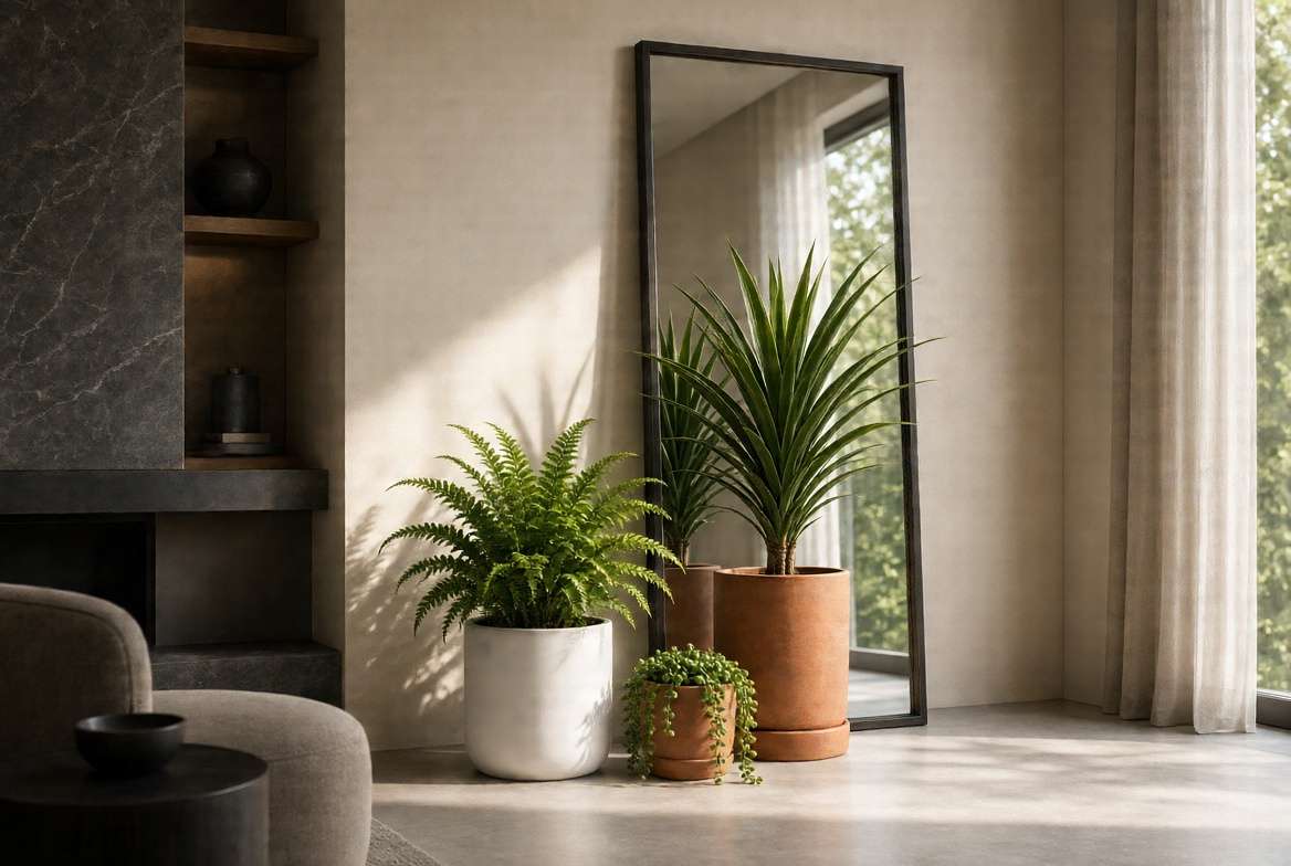 Three indoor plants of varying heights styled in a room corner with contrasting pots and a tall reflecting floor mirror.