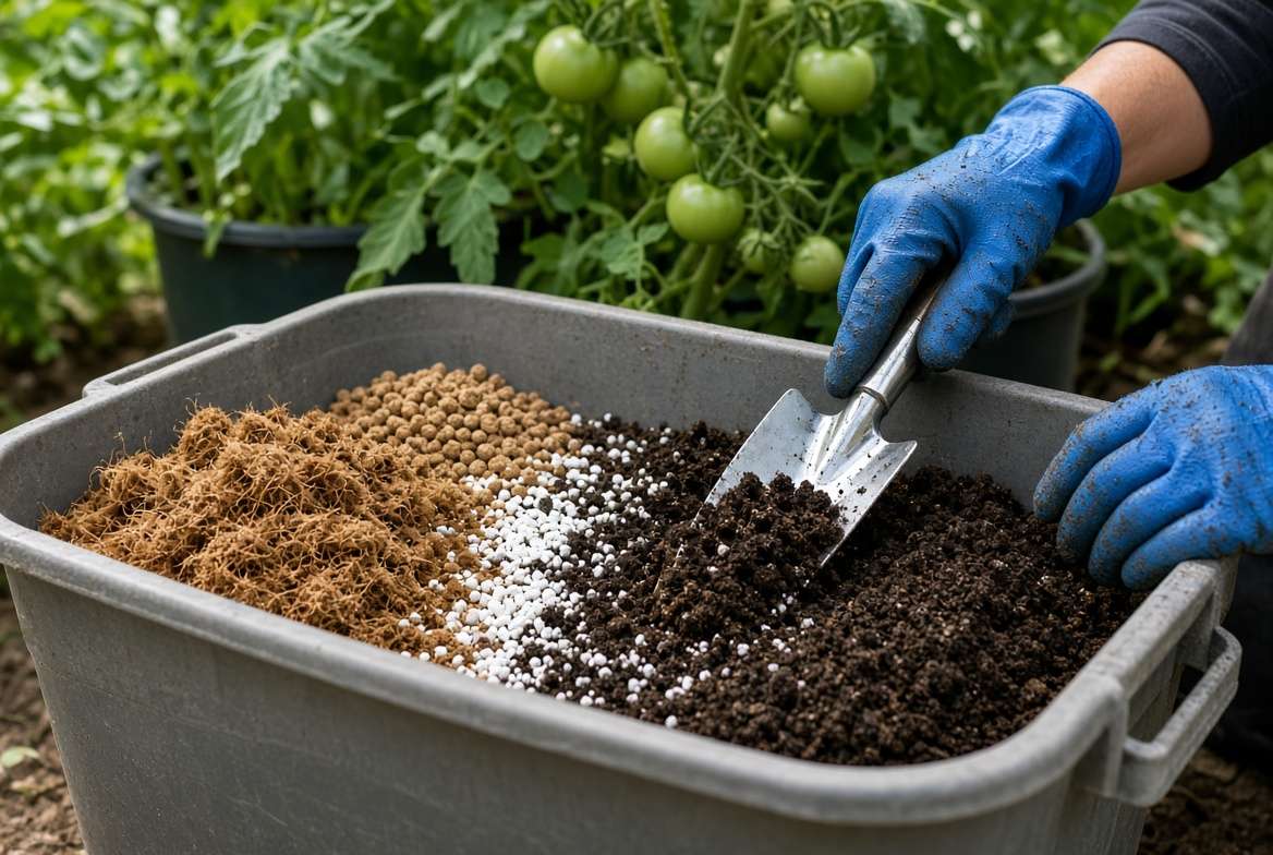 A close-up view of a person wearing gloves actively mixing granular tomato fertilizer into a homemade coco coir and compost-based soil mix.