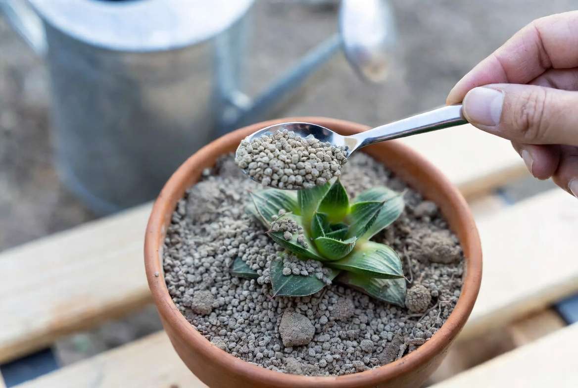 Close-up photograph illustrating how to apply systemic insecticide granules to the soil surface of a potted Haworthia succulent.