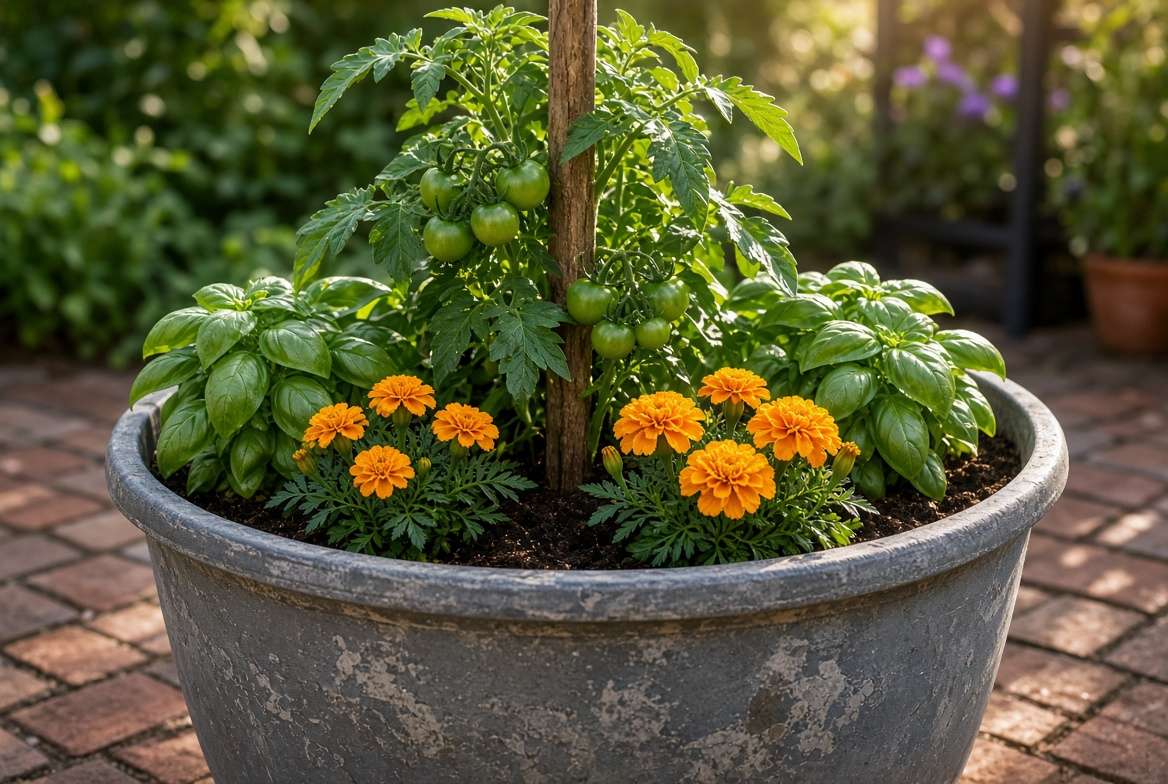 An expert example of companion planting in a single large container: a tomato plant supported by basil and marigolds for natural pest control.