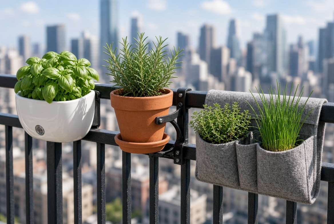 A close-up photograph of different balcony rail planters including saddle, metal bracket terracotta, and fabric pouch styles attached to a metal railing with various herbs.