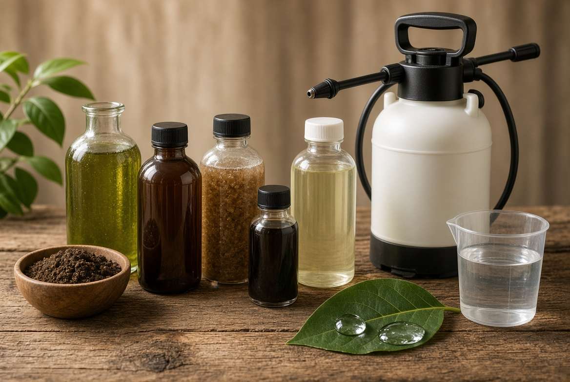Organized collection of generic fertilizer bottles, a pressure sprayer, measuring beaker, and illustrative leaf showing surfactant effect conceptual comparison for foliar feeding vegetables.