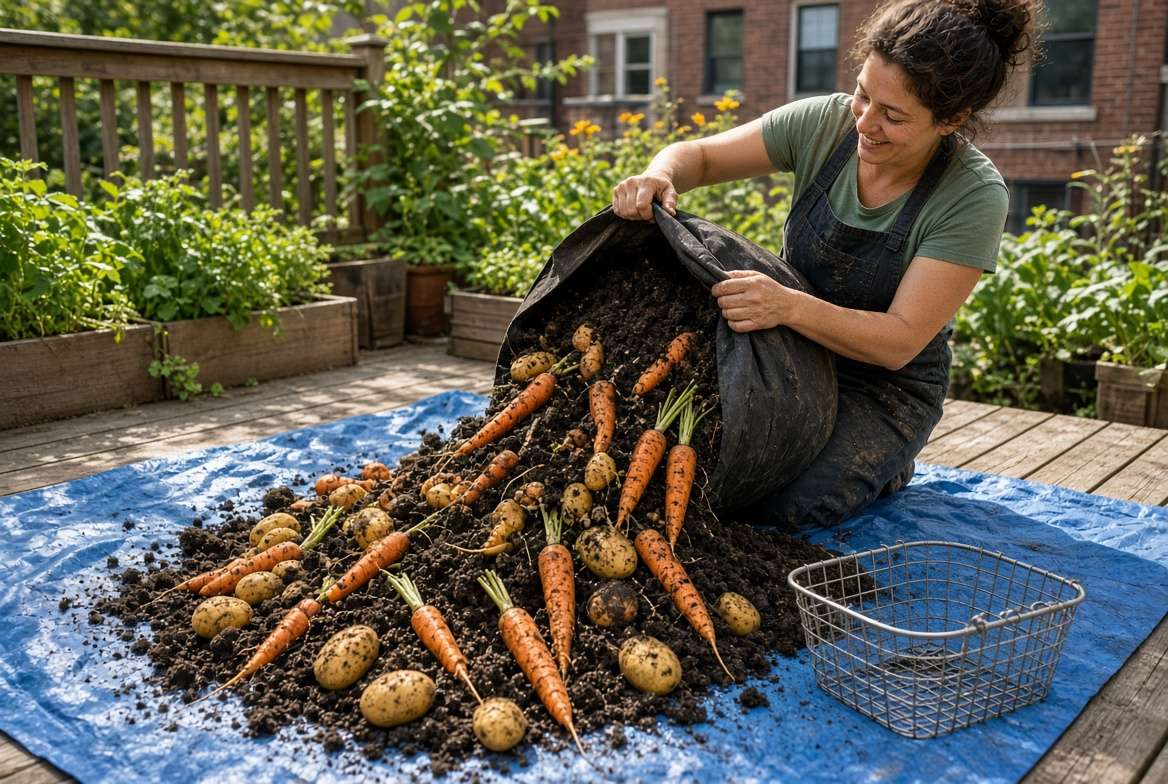 Gardener harvesting vegetables by dumping a large grow bag of soil onto a tarp, revealing numerous potatoes and carrots