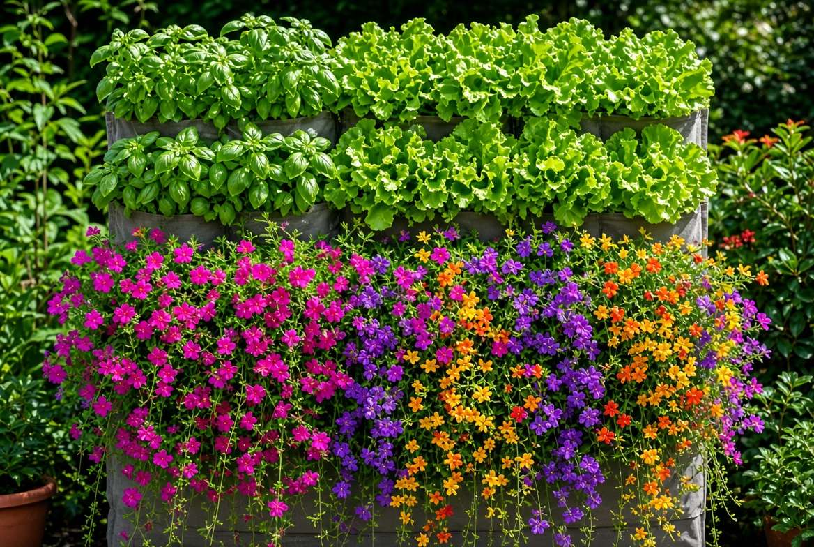 A lush fabric vertical garden filled with bushy herbs and colorful trailing flowers