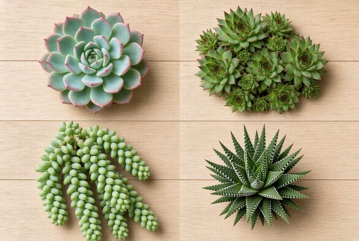 Four distinct succulent varieties for vertical gardens: Echeveria, Sempervivum, Sedum, Haworthia.