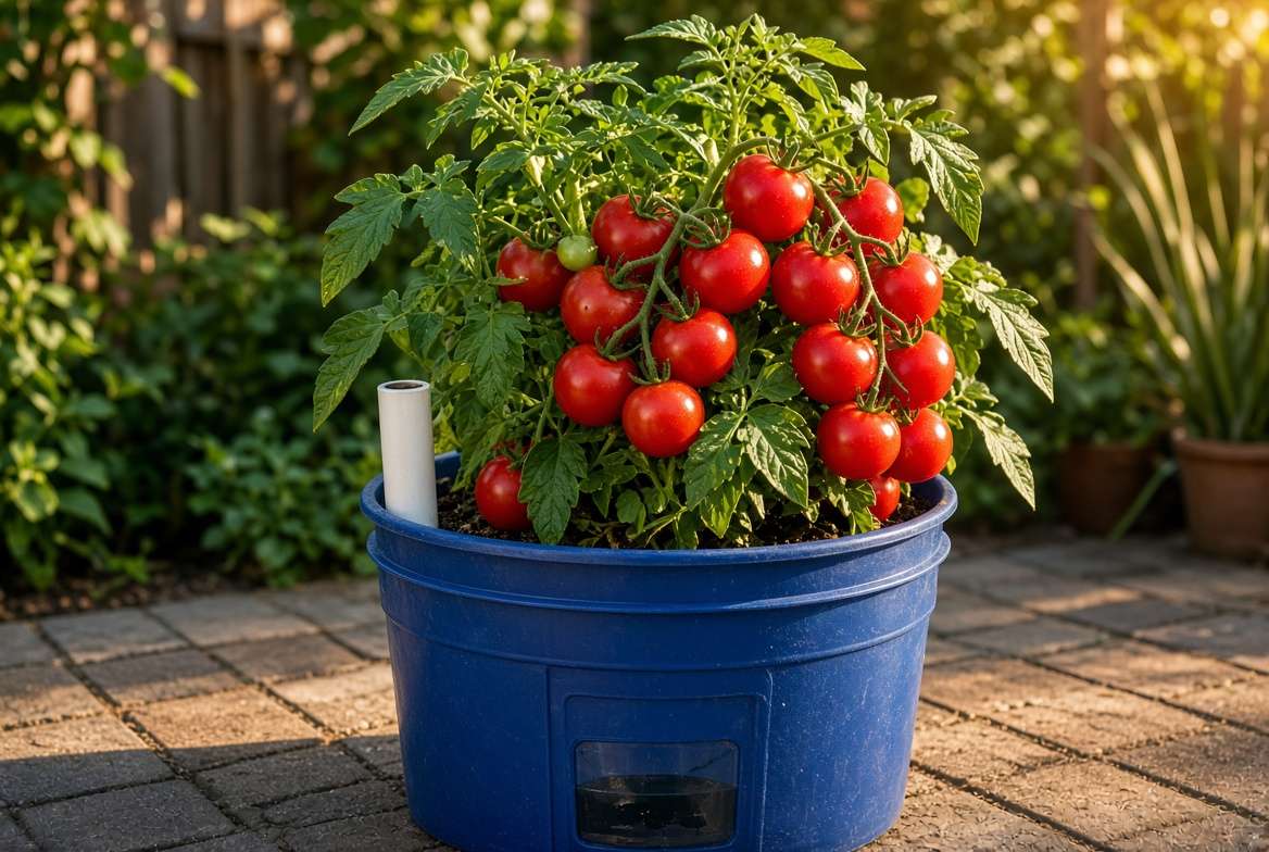 A mature tomato plant heavy with ripe red tomatoes growing successfully in a finished DIY self-watering 5-gallon bucket planter.