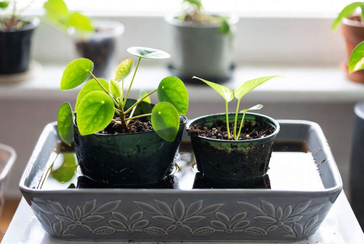 Two houseplants in nursery pots absorbing water from a shallow ceramic tray.