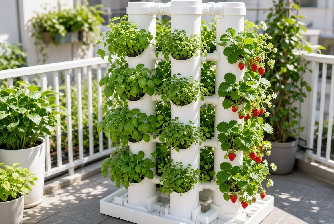 DIY PVC vertical hydroponic garden growing herbs and strawberries on a small apartment balcony