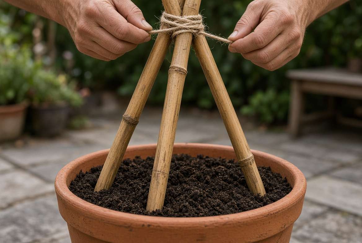 Close-up showing how to lash bamboo poles together with twine at the apex to build a teepee trellis for growing pole beans in a pot.