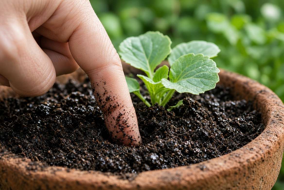 Close up of a hand performing the soil moisture finger test in a potted vegetable garden.