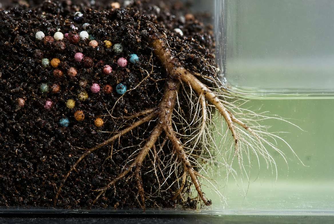 Macroscopic visualization showing a root system interacting with partially dissolved granular fertilizer pellets vs. rapid absorption of diluted liquid fertilizer in rich soil.