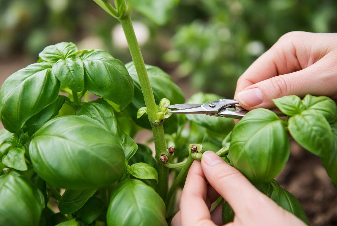 Macro view demonstrating precise pruning technique just above a leaf node for continuous basil regrowth
