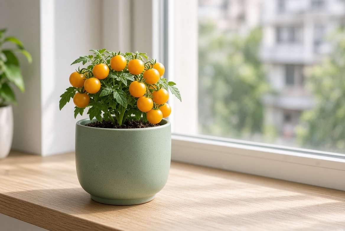 A minuscule Orange Hat micro-dwarf tomato plant thriving in a small ceramic cup on a modern wooden windowsill.