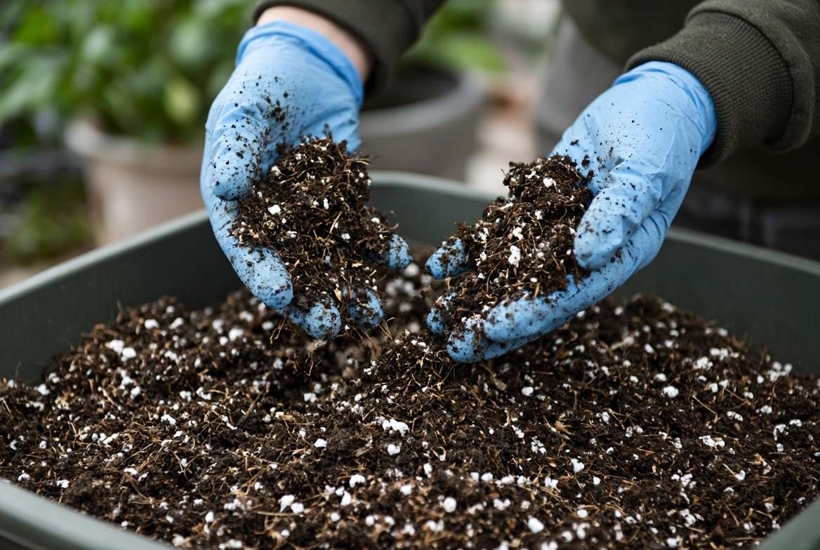 Hands wearing gloves mixing a custom, fluffy potting mix containing compost, coconut coir, and white perlite for container gardening.