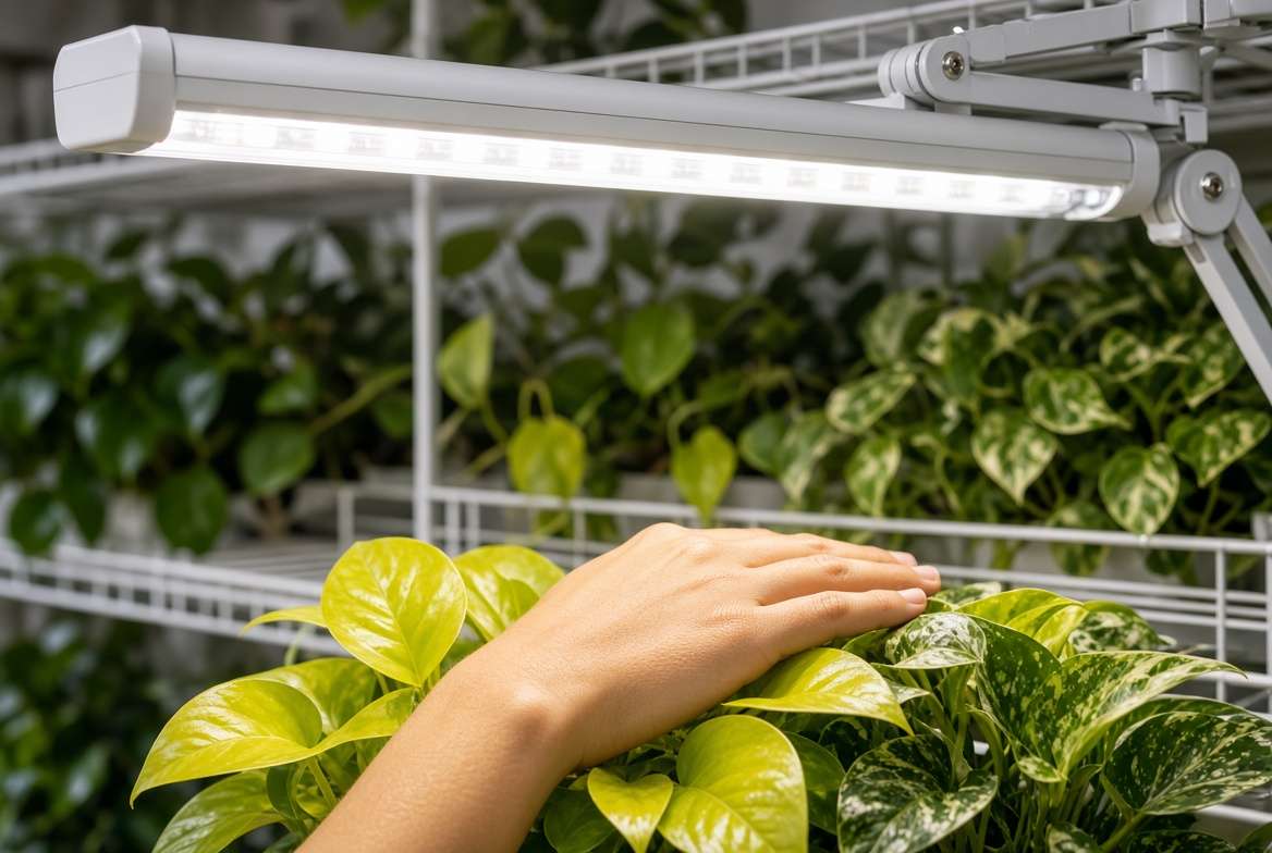 Close-up photograph demonstrating a human hand performing the "Hand Test" under an adjustable LED grow light for plant safety.