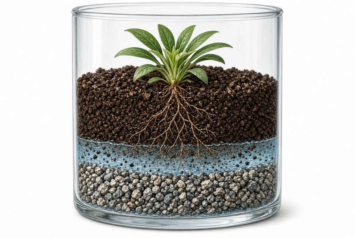 A horticultural illustration showing a perched water table trapped in soil above a gravel layer inside a planting pot, preventing proper drainage.