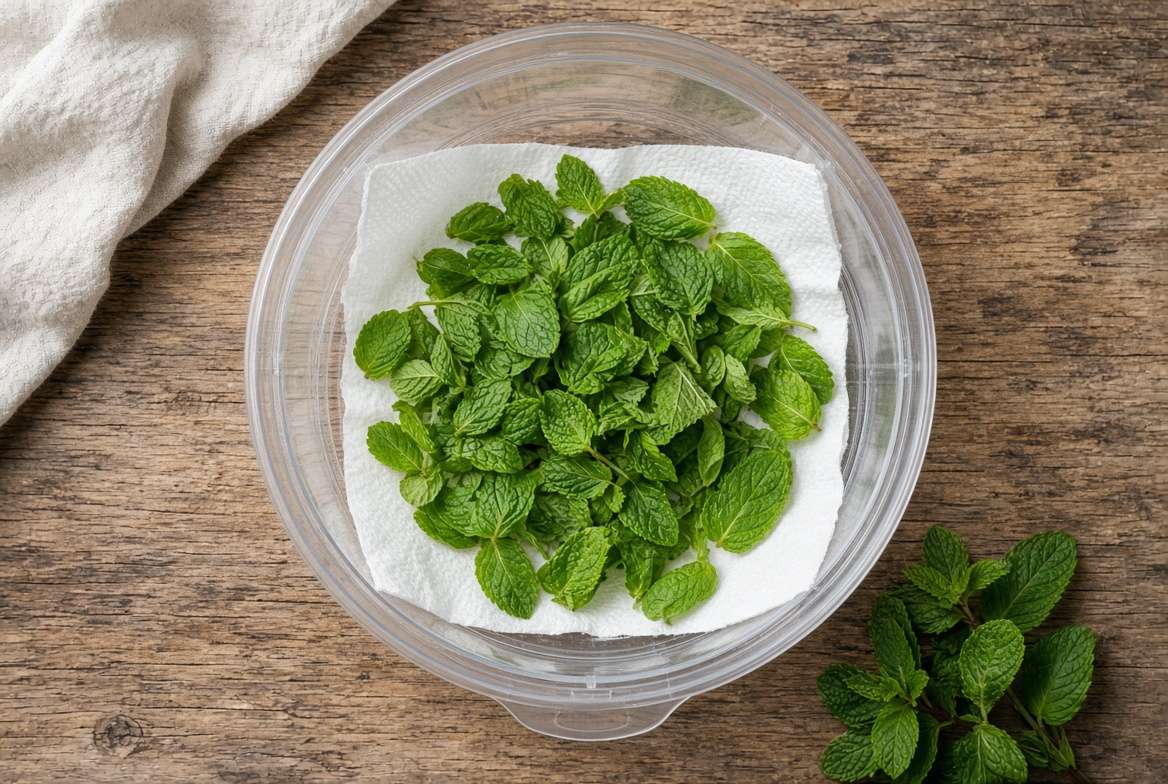 Freshly washed green mint leaves resting on dry paper towels inside a salad spinner basket to remove surface moisture.