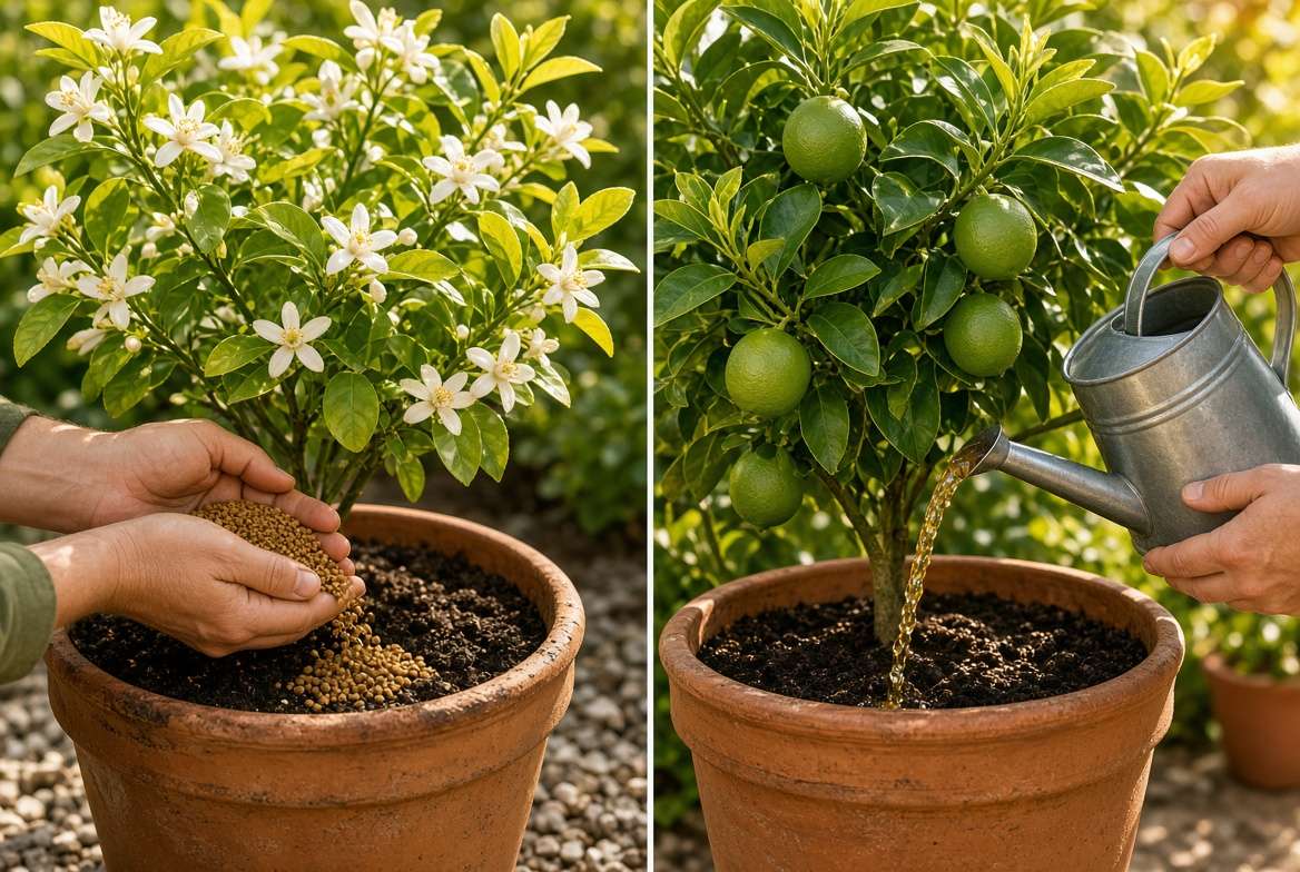 Composite image contrasting a spring container lemon tree receiving granular fertilizer during bloom with a summer lemon tree receiving liquid fertilizer for developing fruit.