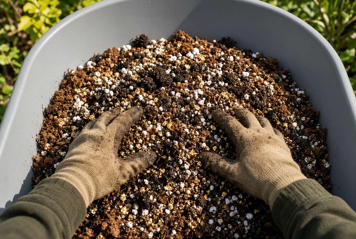 Gardener's hands mixing the custom, fluffy container soil blend of coco coir, perlite, compost, and vermiculite.