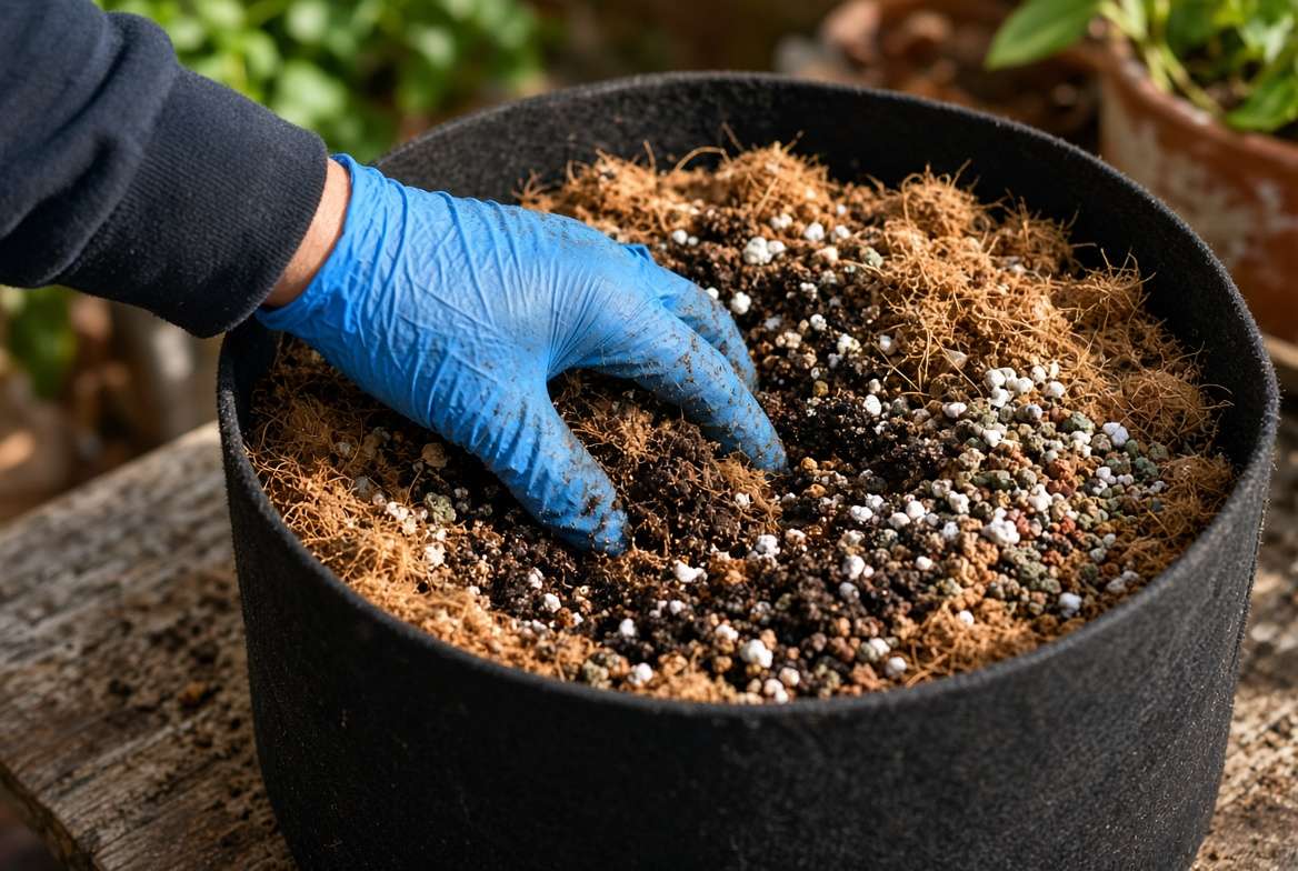 Mixing organic potting soil with worm castings and fertilizer for containers.