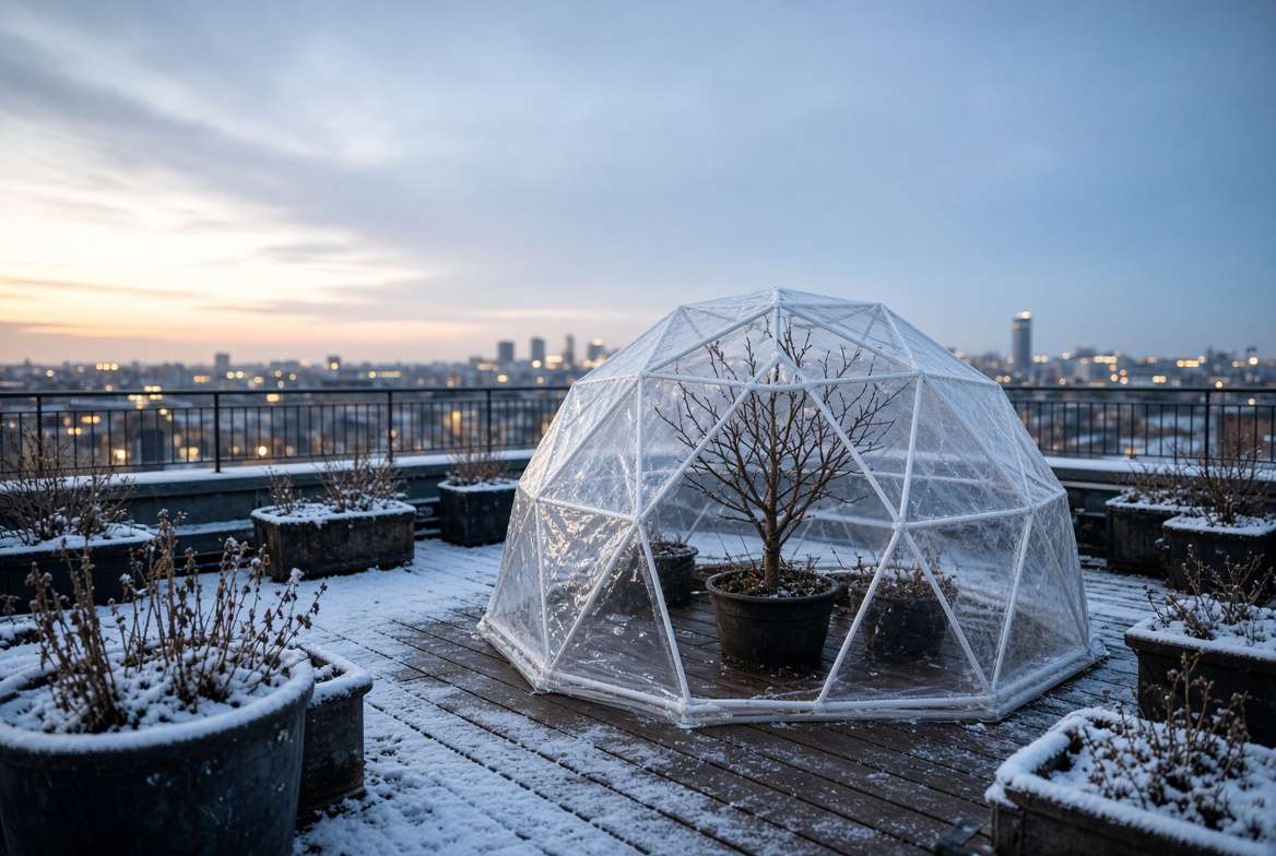Geometric geodesic mini dome greenhouse protecting a small potted fig tree from wind on an urban rooftop garden in winter.