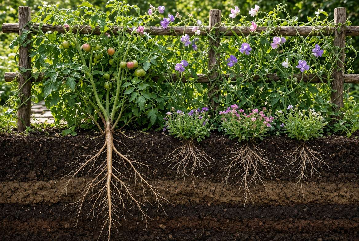 Conceptual photograph of deep vegetable roots and shallow ornamental flower roots sharing stratified garden soil under a trellis.