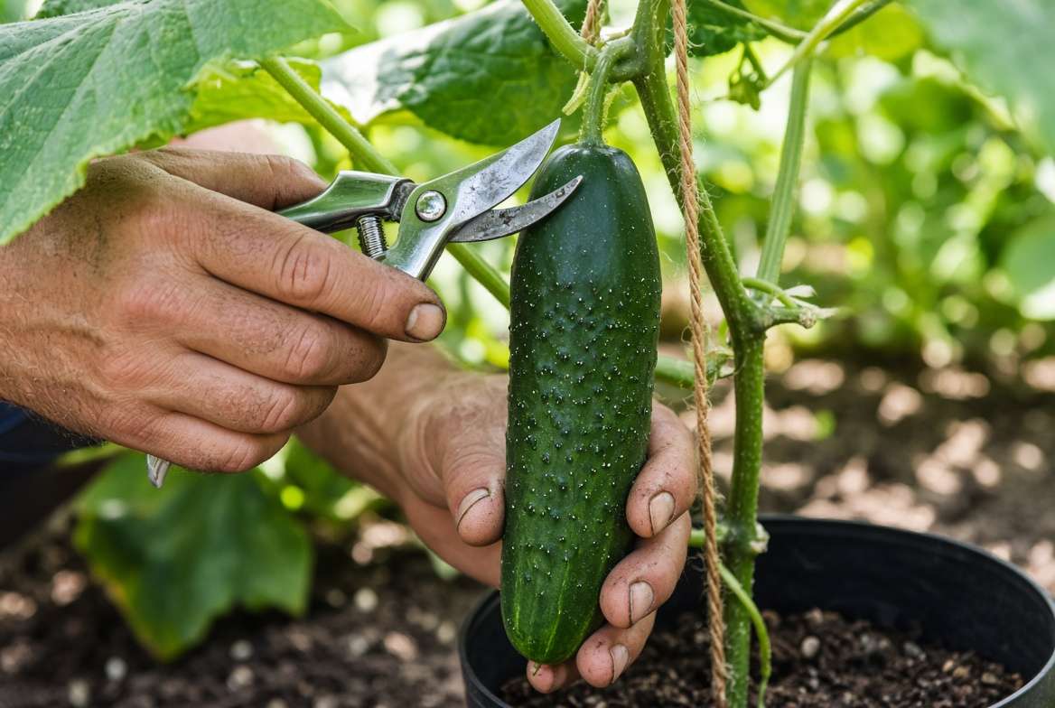 Hand harvesting a straight cucumber from a container trellis using shears