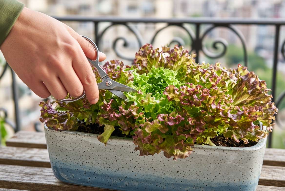 A gardener's hand snipping outer leaves of 'Lollo Rosso' lettuce using scissors in a small rectangular window box, demonstrating the "cut-and-come-again" harvesting method.