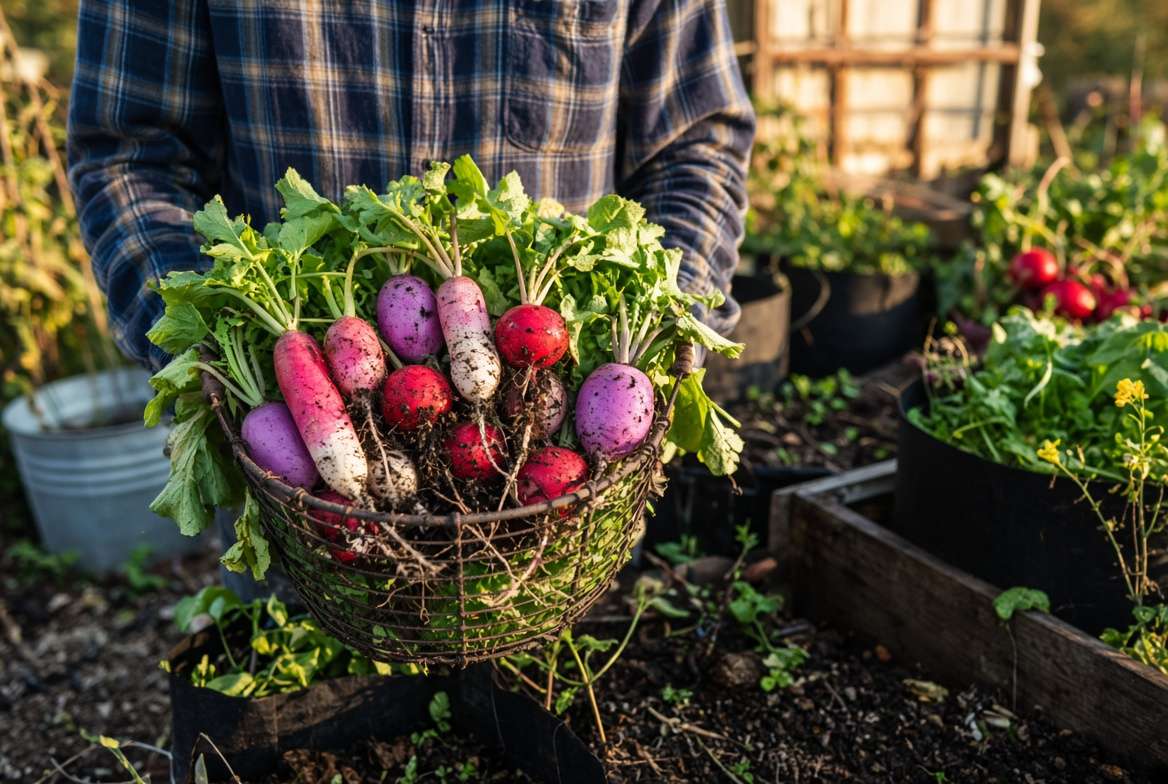 A wire basket filled with a mixed variety of freshly harvested, colorful radishes (red, pink, purple) with soil still attached and full green leaves.