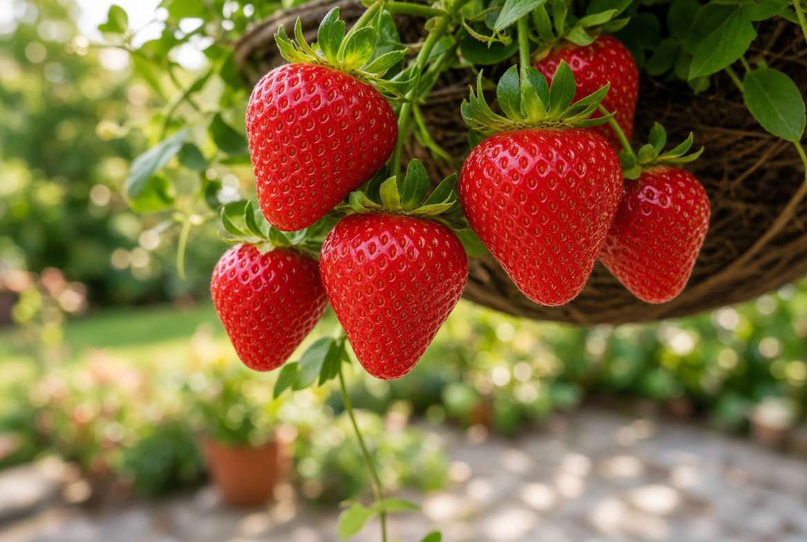 close-up photo of clean, pest-free strawberries hanging high above a blurred garden ground from a hanging basket