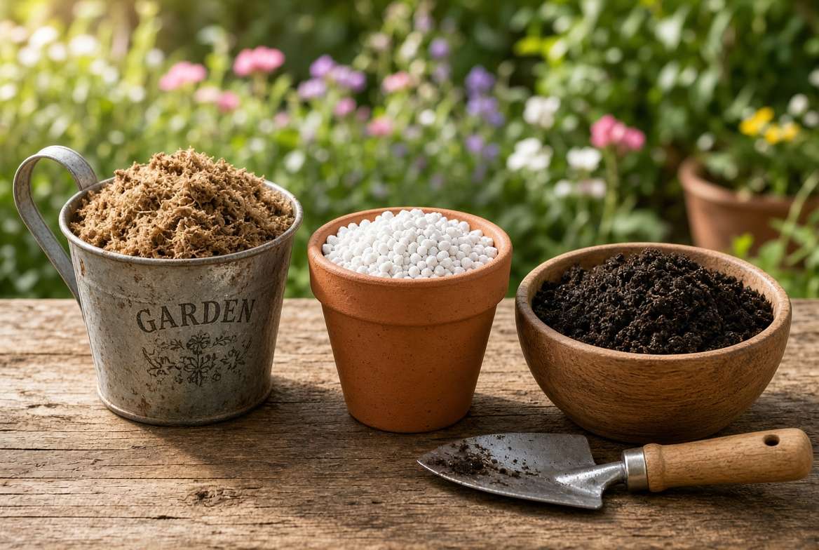 A side-by-side arrangement of the three main potting mix ingredients: aeration material, organic base, and rich nutrient compost.