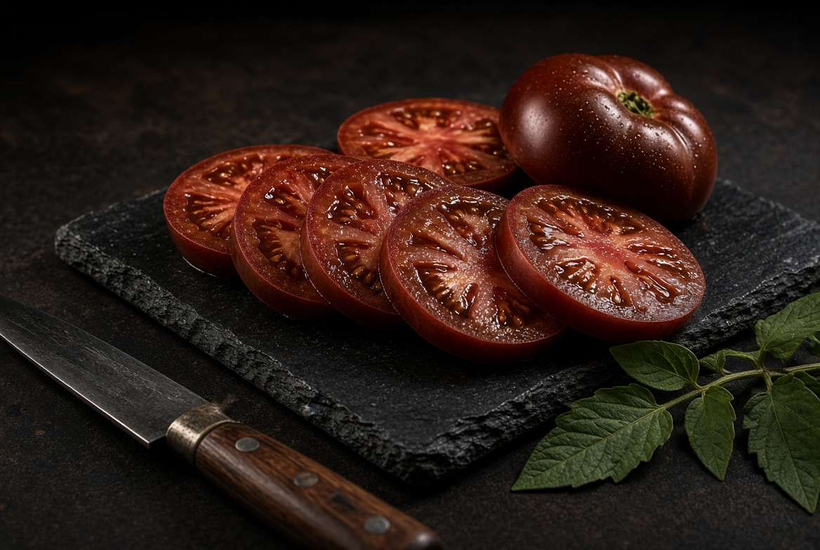 Glistening thick slices of a meaty Tasmanian Chocolate dwarf beefsteak tomato on a dark slate board.