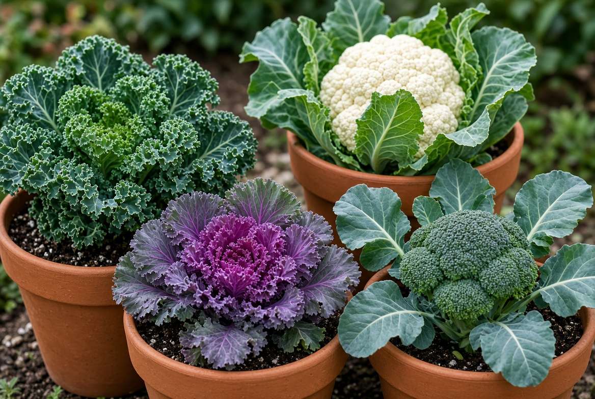 An arrangement of healthy Brassica family plants (kale, broccoli, cauliflower) growing in containers.
