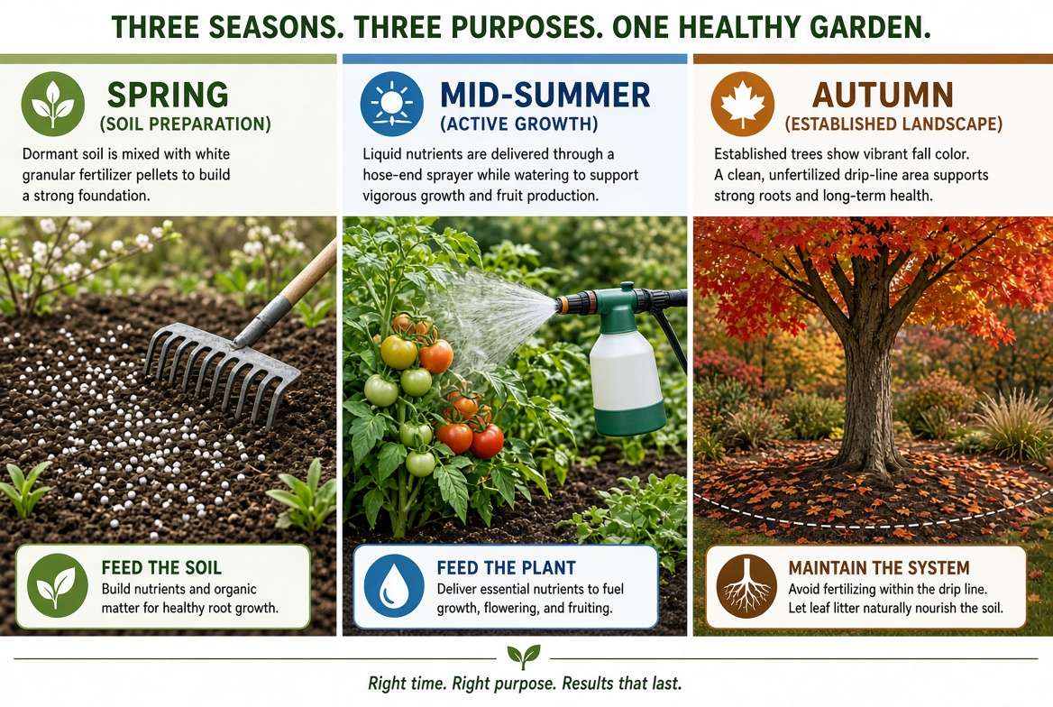 Illustration showing the sequential garden fertilization strategy: spring granular foundation, summer liquid booster, and autumn taper.